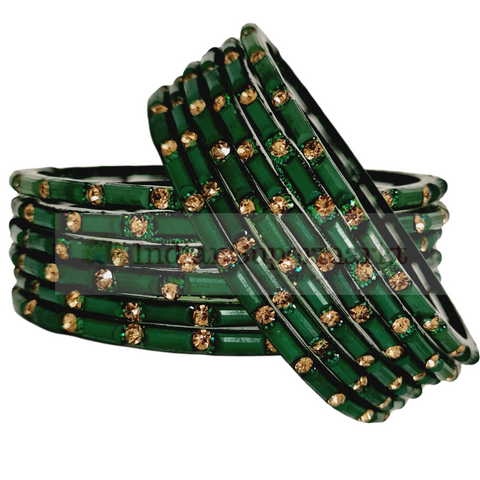 Fancy Green and Golden Gems Bangles 2.6 Size - 6Pc